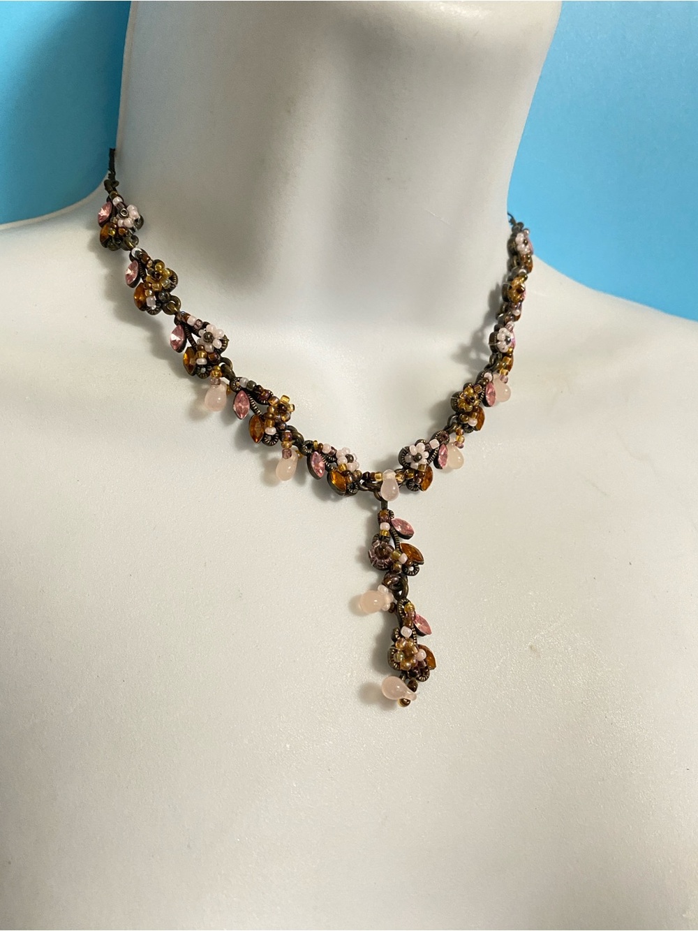 COOKIE LEE Y-Drop Necklace Pink Rose Quartz Brads Dainty Brads & Rhinestones